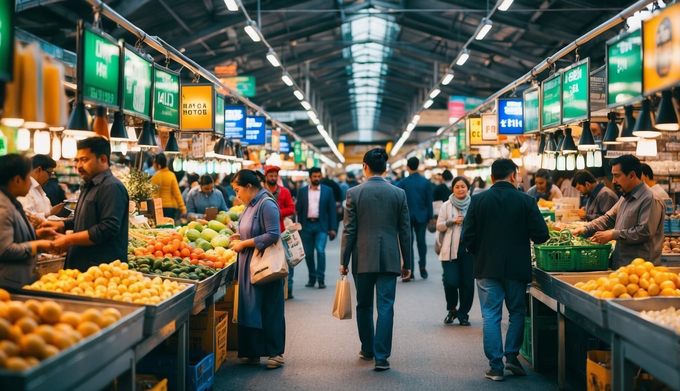 A bustling marketplace in an emerging market, with vendors navigating risks and challenges while seizing opportunities