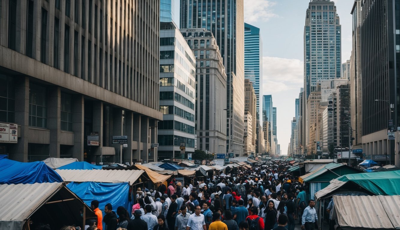 A crowded city street, with tall skyscrapers on one side and makeshift shelters on the other.</p><p>Contrasting levels of infrastructure and wealth are evident