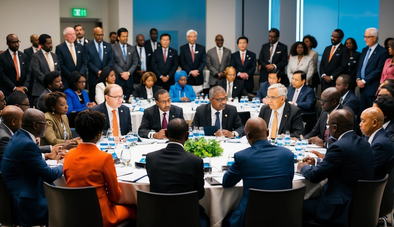 A diverse group of people from developing countries gather around a table, discussing global perspectives and solutions, while multilateral institutions oversee the meeting