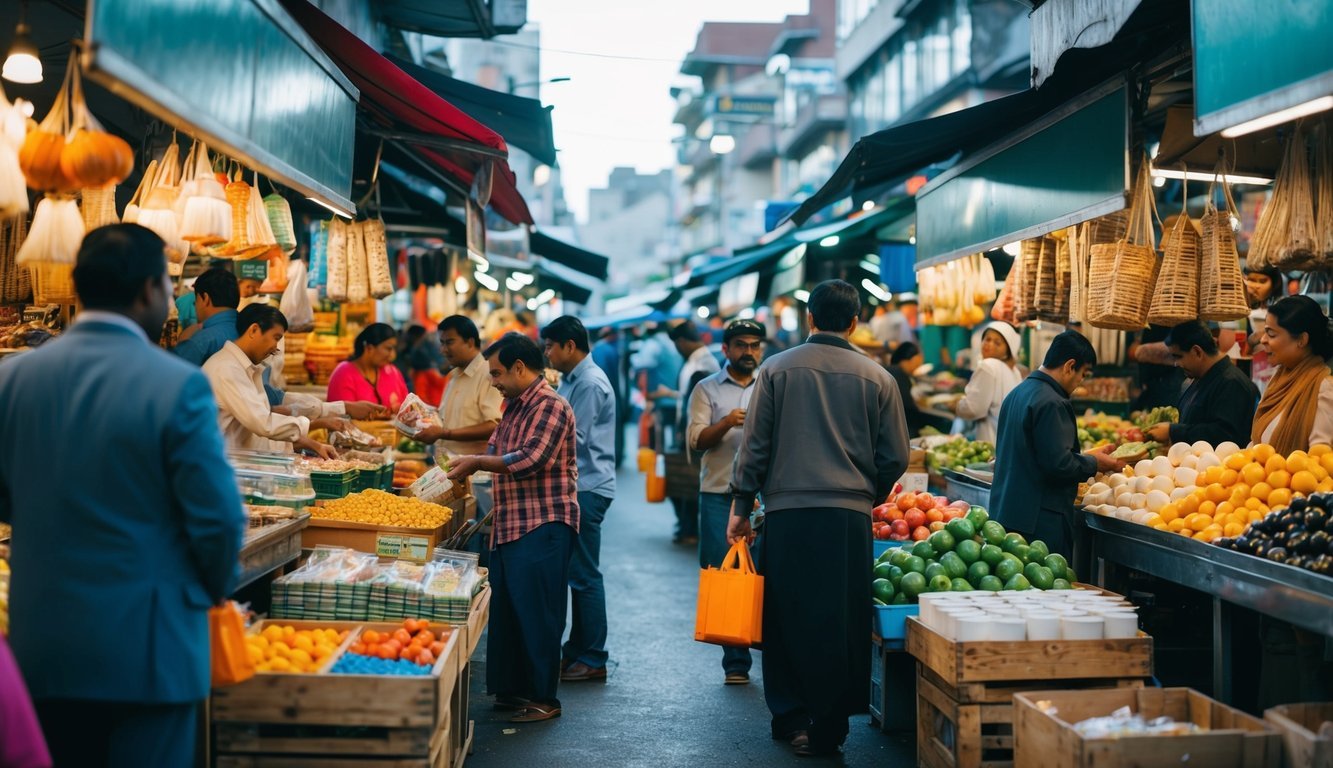 A bustling marketplace in an emerging market, with vendors selling goods and services to eager customers, showcasing the challenges and opportunities for investment in the region