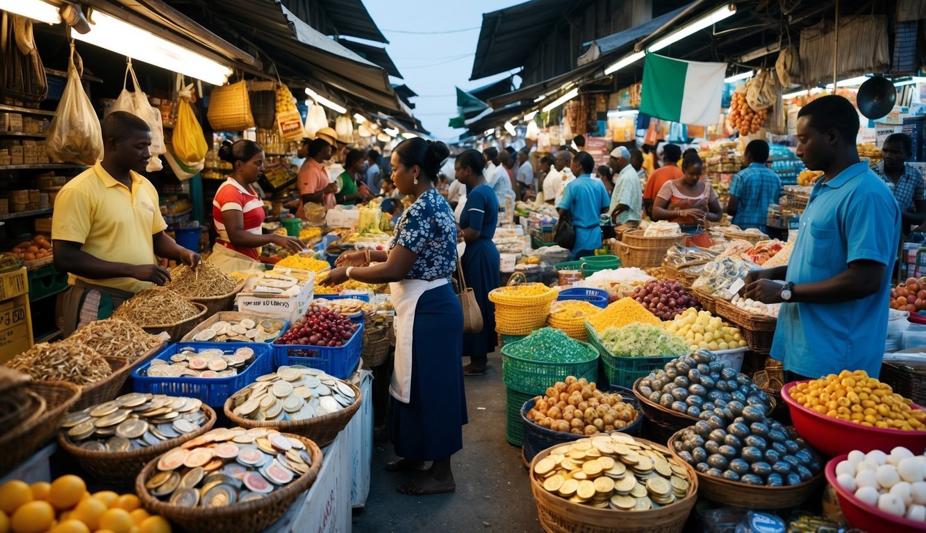 A bustling marketplace in a developing country, with vendors selling goods from all over the world.</p><p>The scene is filled with diverse products, currencies, and people interacting in various languages