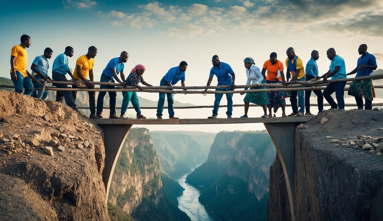 A diverse group of people working together to build a bridge over a deep chasm, symbolizing collaboration and effort to overcome inequality in developing countries