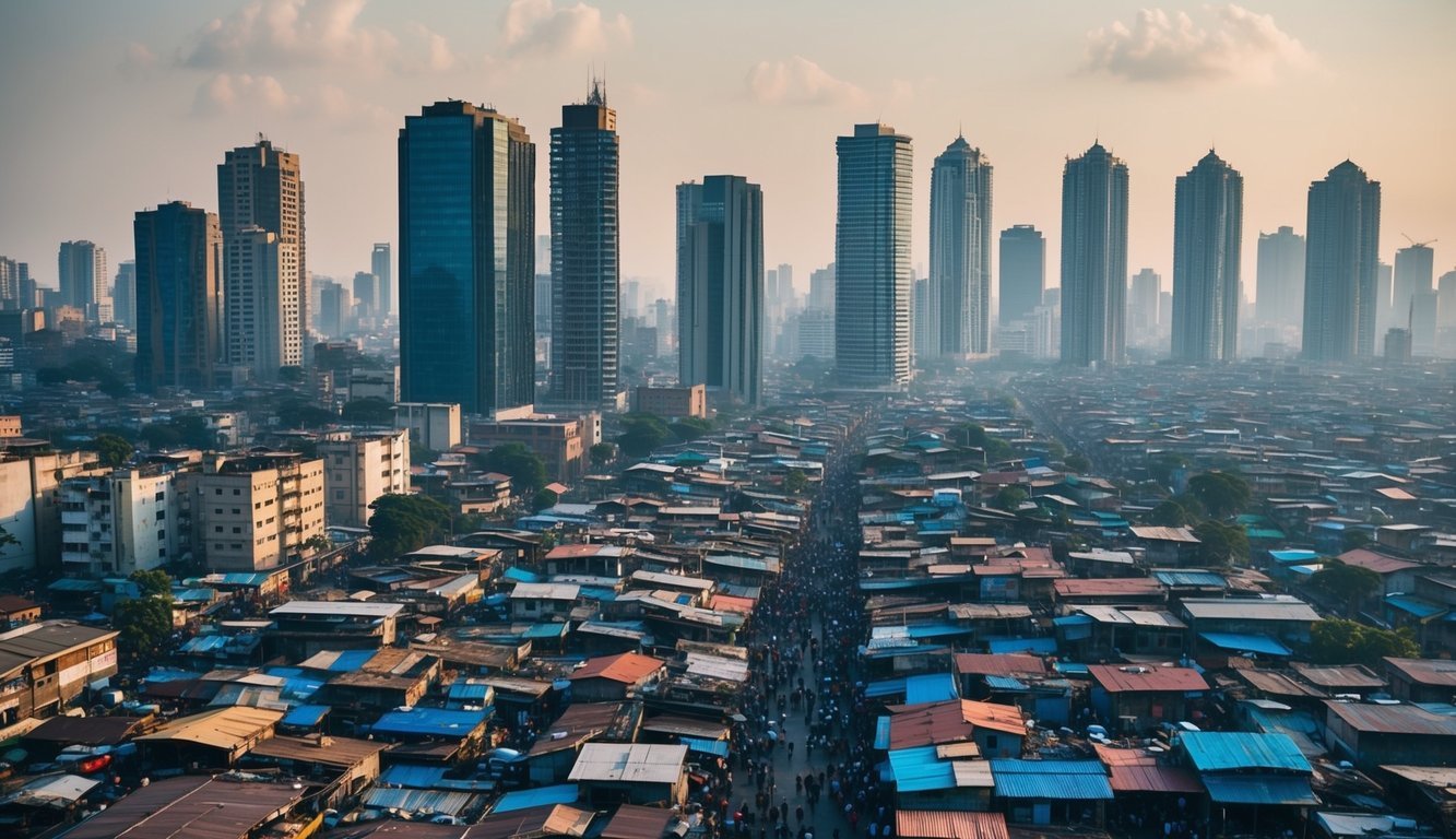 A crowded, bustling city with stark contrasts between wealthy and impoverished neighborhoods.</p><p>Slums bordering modern skyscrapers, illustrating the challenges of addressing inequality in developing countries