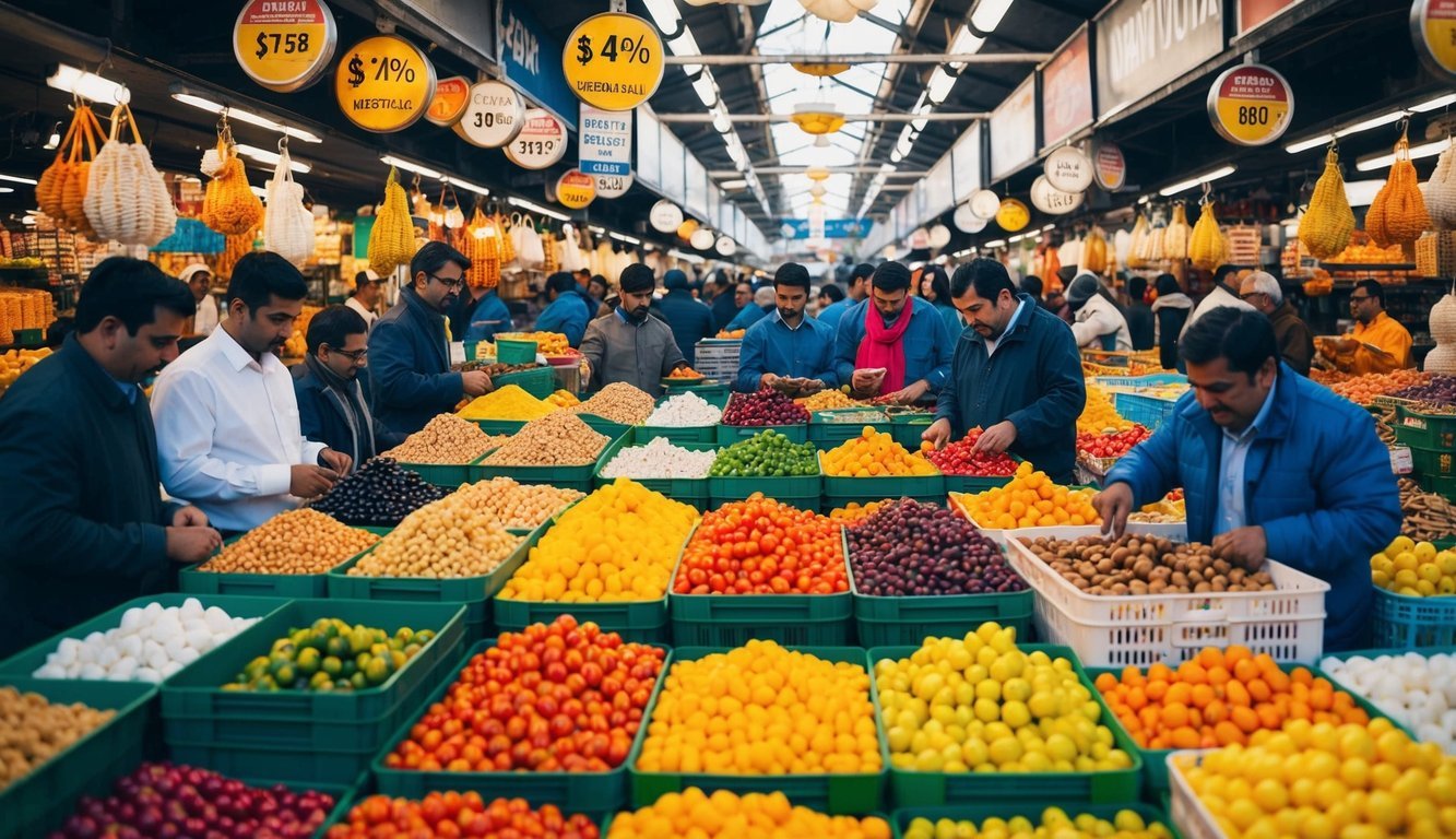 A crowded marketplace with vendors using different pricing strategies for similar products, while buyers exhibit varying emotional responses to the prices