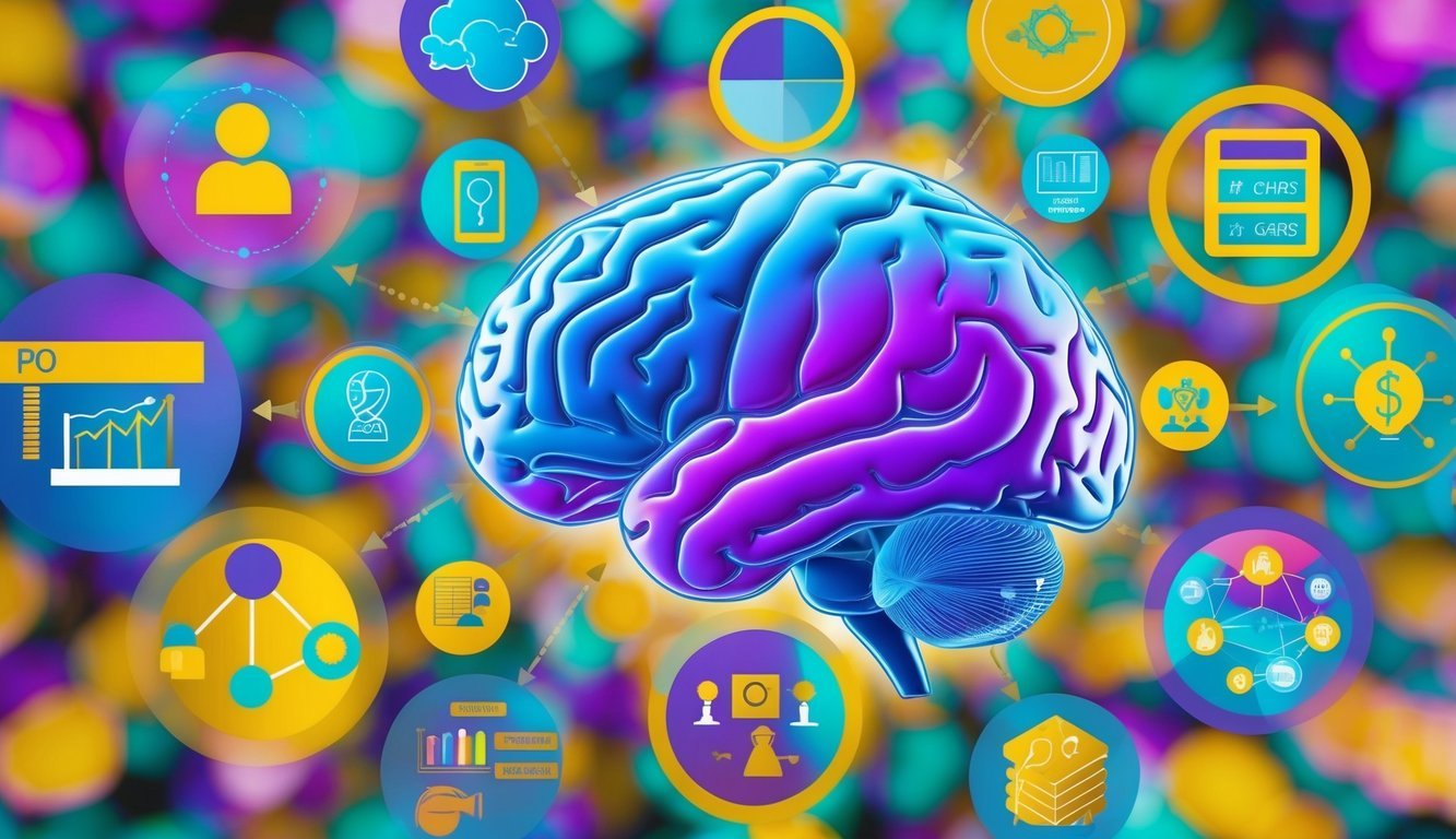 A colorful illustration of a brain surrounded by various symbols representing psychological principles and key concepts of behavioral economics