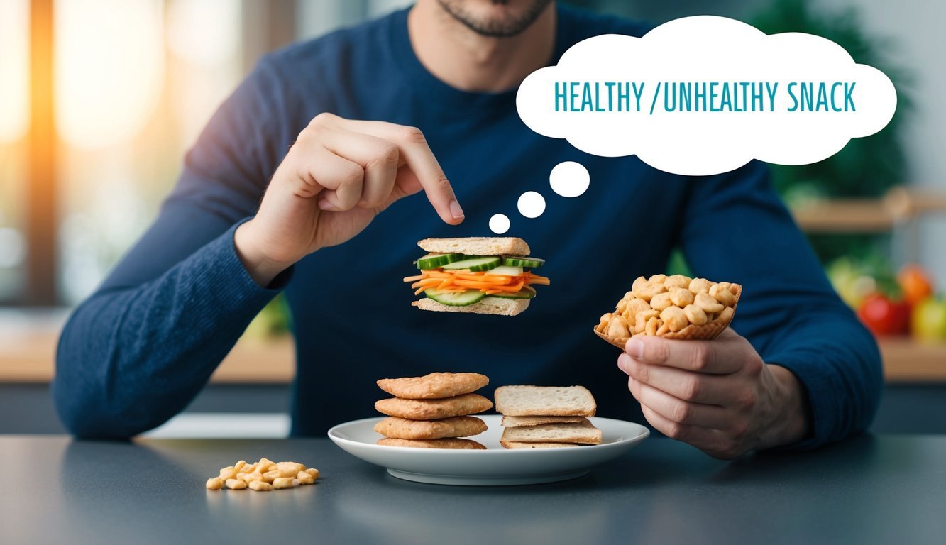 A person choosing between a healthy and unhealthy snack, with a thought bubble showing the internal struggle of decision-making