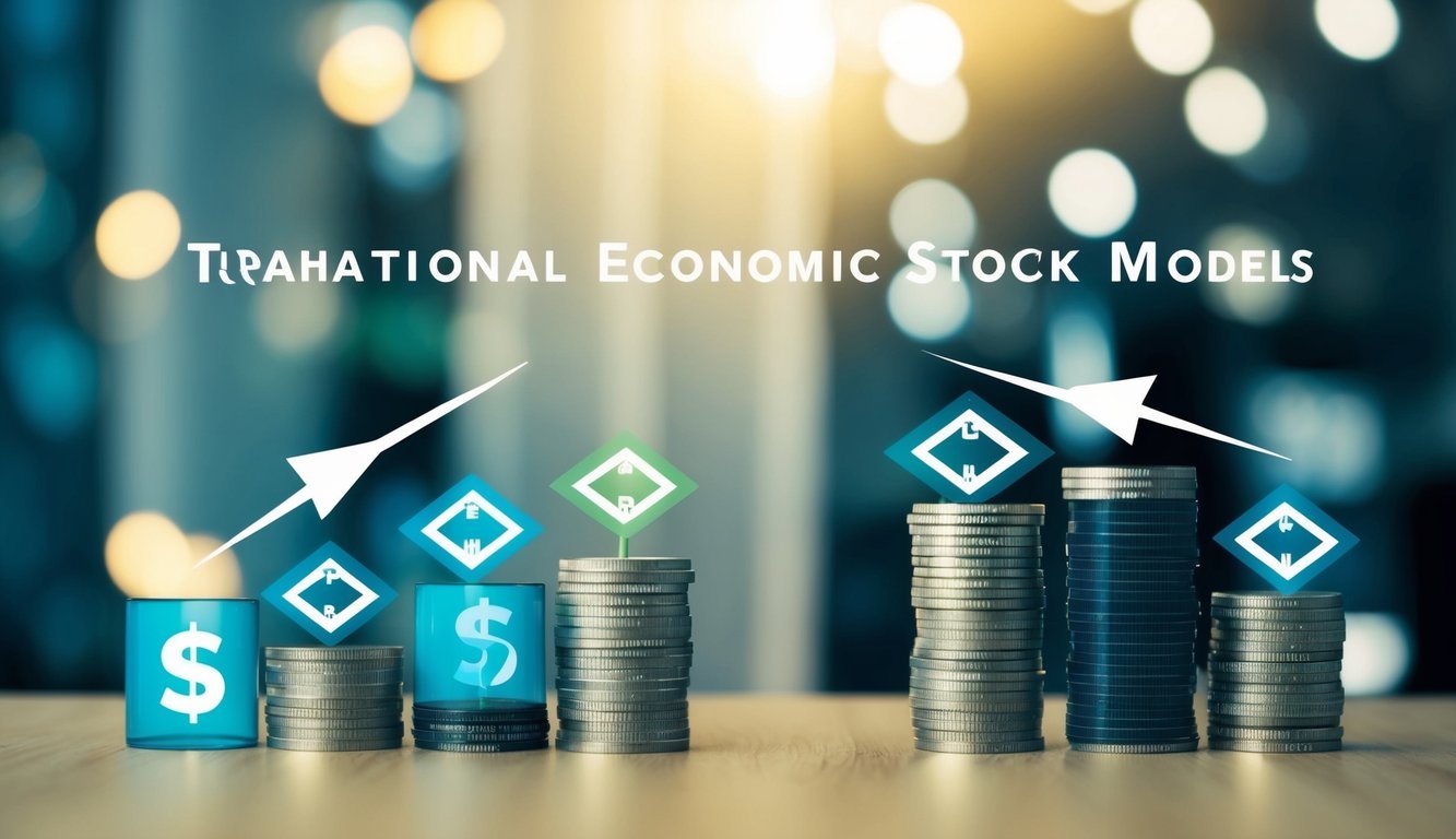 A group of traditional economic models on one side, and behavioral economics concepts on the other, with arrows pointing from one to the other, showing the contrast and comparison between the two approaches