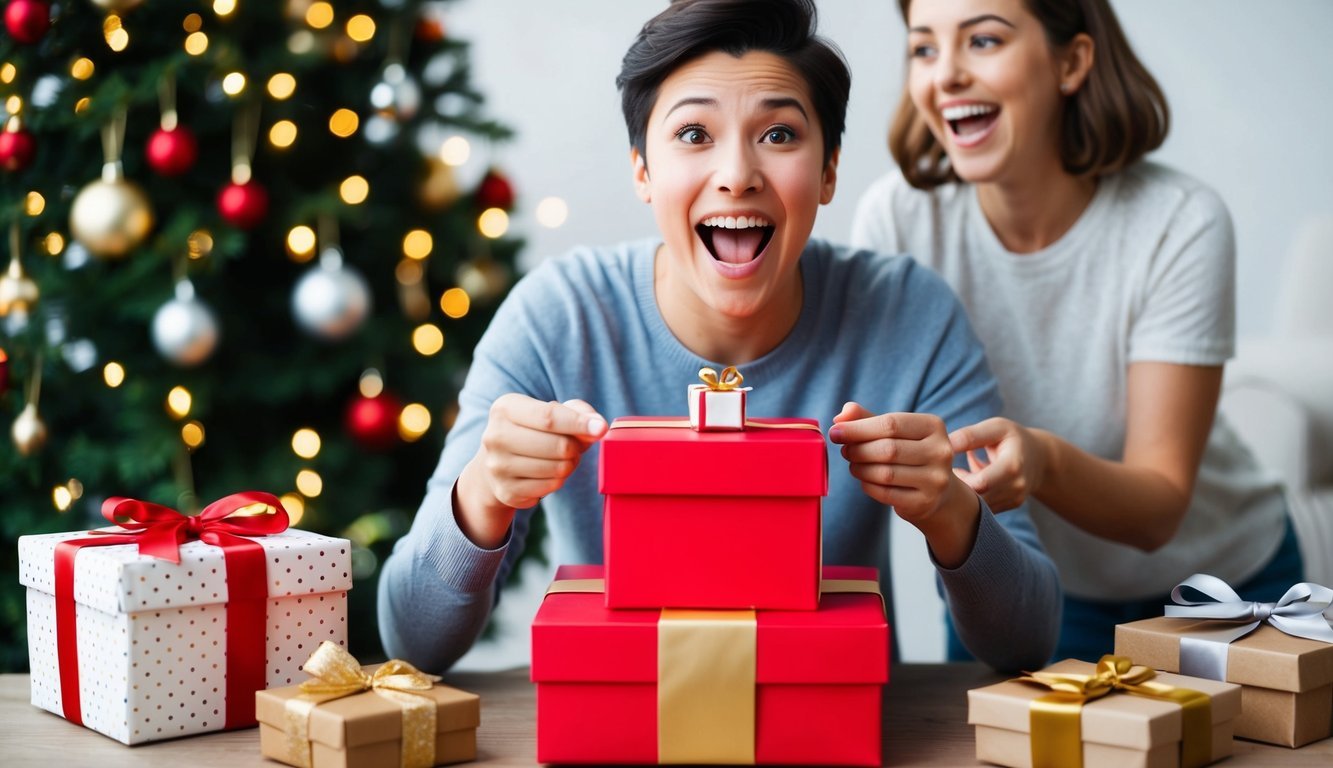 A person excitedly opening a gift box to reveal a small item, surrounded by larger items they had hoped for