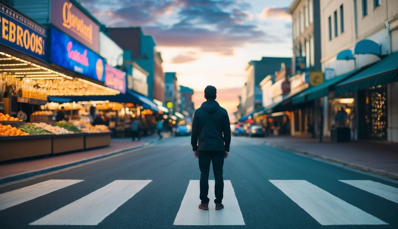 A person standing at a crossroads, with one path leading to a vibrant and bustling marketplace, and the other path leading to a quiet and serene environment