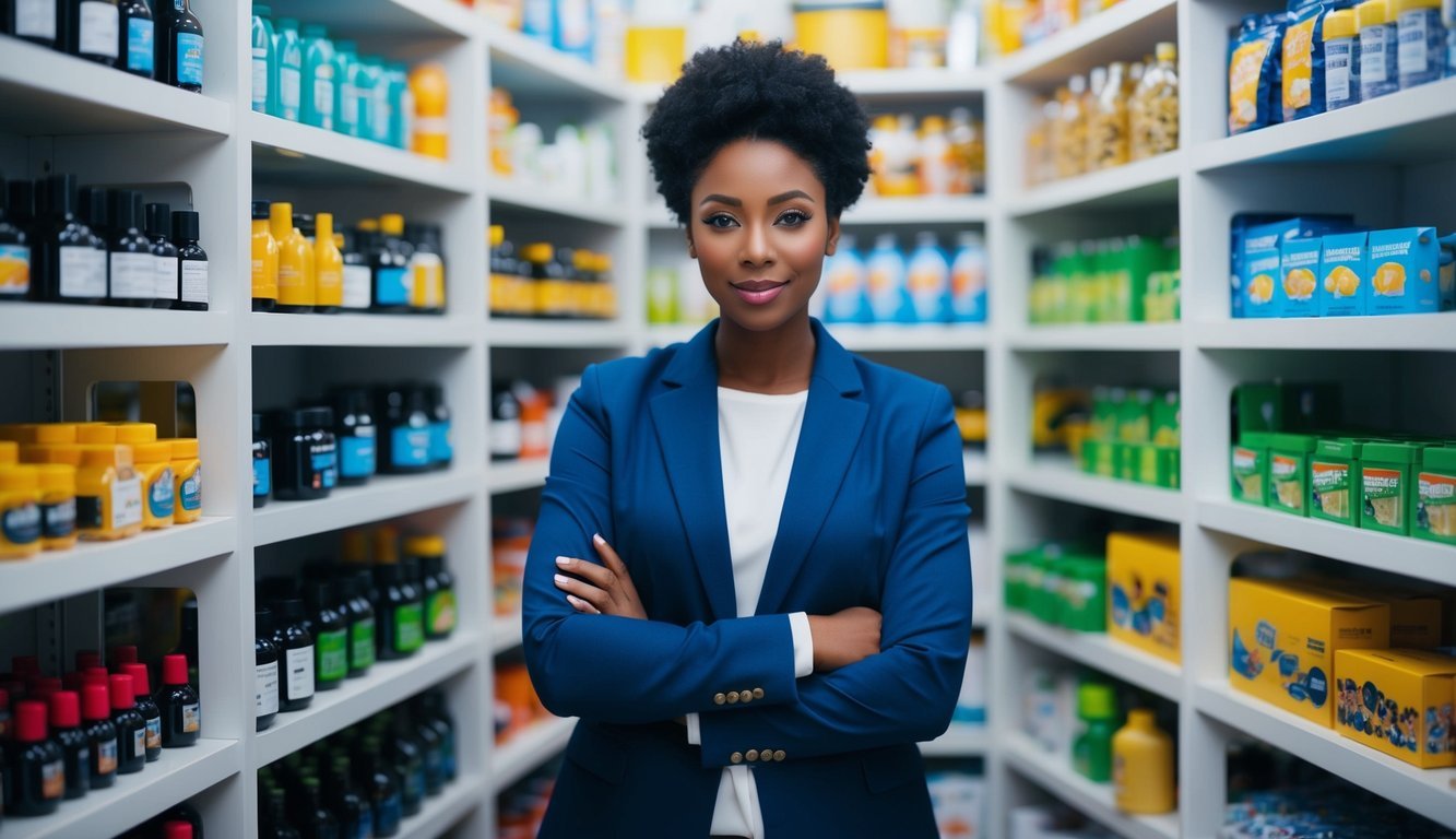 A person standing in front of shelves filled with various products, pondering over different options while considering their psychological and social influences on consumer choices