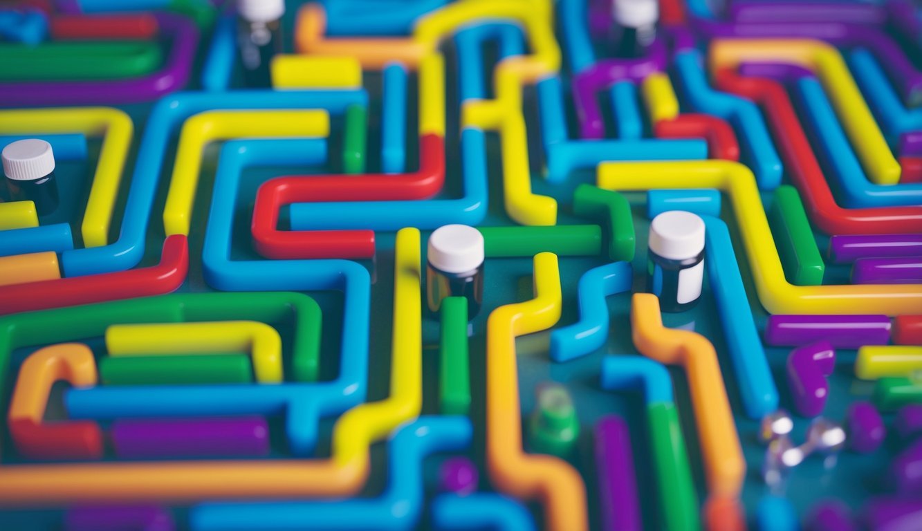 A colorful maze with various paths leading to different products, representing the influence of heuristics on consumer choices