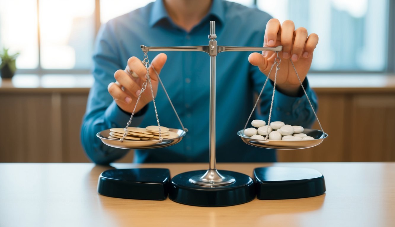 A person weighing options on scales, with one side filled with rational factors and the other side filled with emotional factors