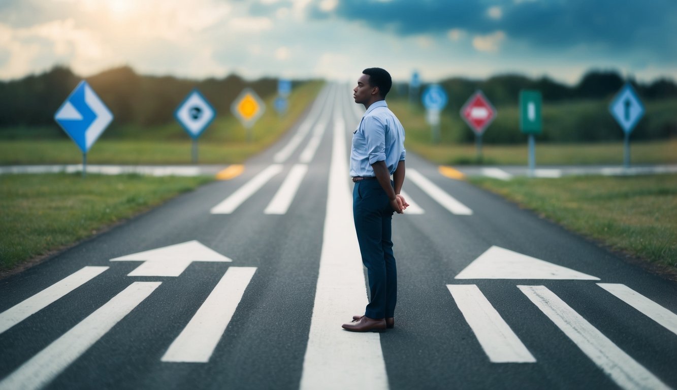 A person standing at a crossroads, surrounded by various paths and decision points, looking contemplative and uncertain