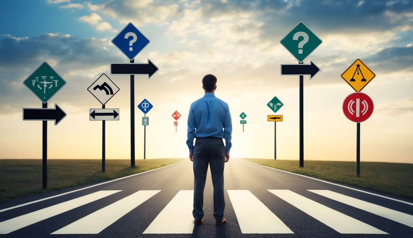 A person standing at a crossroads, contemplating multiple paths with various signs and symbols representing different decision-making factors