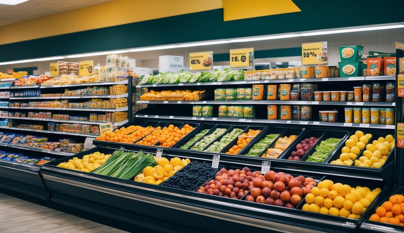 A grocery store display featuring products strategically placed to influence consumer decision-making through behavioral economics