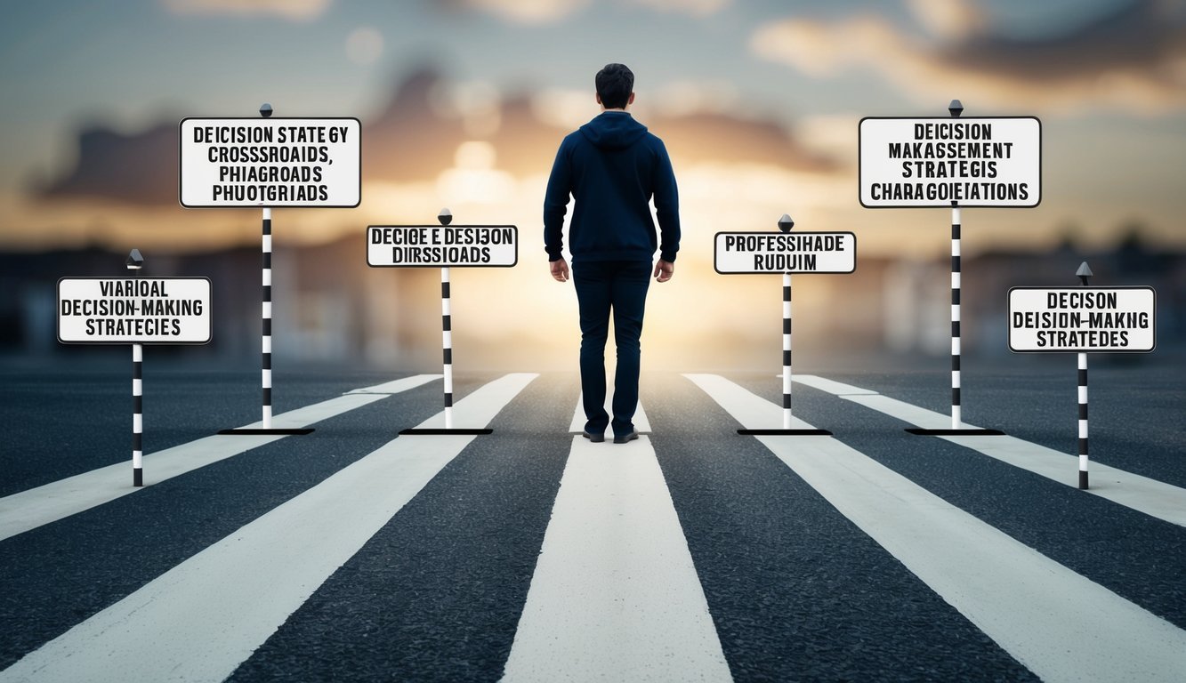 A person standing at a crossroads, with multiple paths leading in different directions.</p><p>Each path is labeled with various decision-making strategies