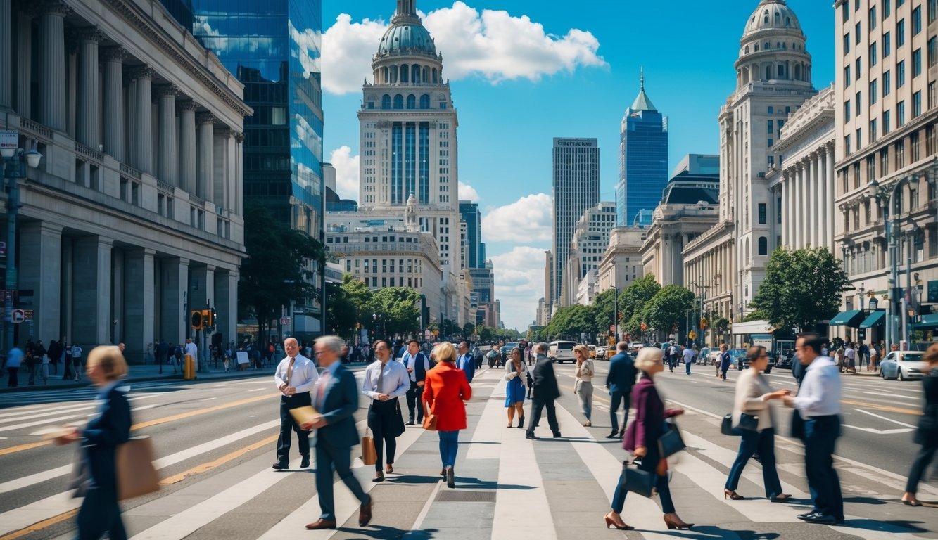 A bustling city street with various government buildings in the background, while people engage in different activities, showcasing the impact of behavioral economics on public policy