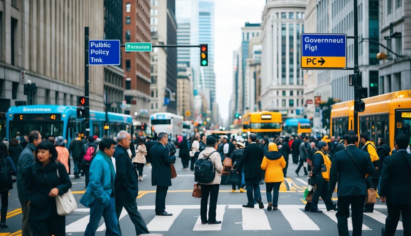 A crowded city street with various government buildings in the background, featuring people interacting with public policy instruments such as signage, traffic lights, and public transportation