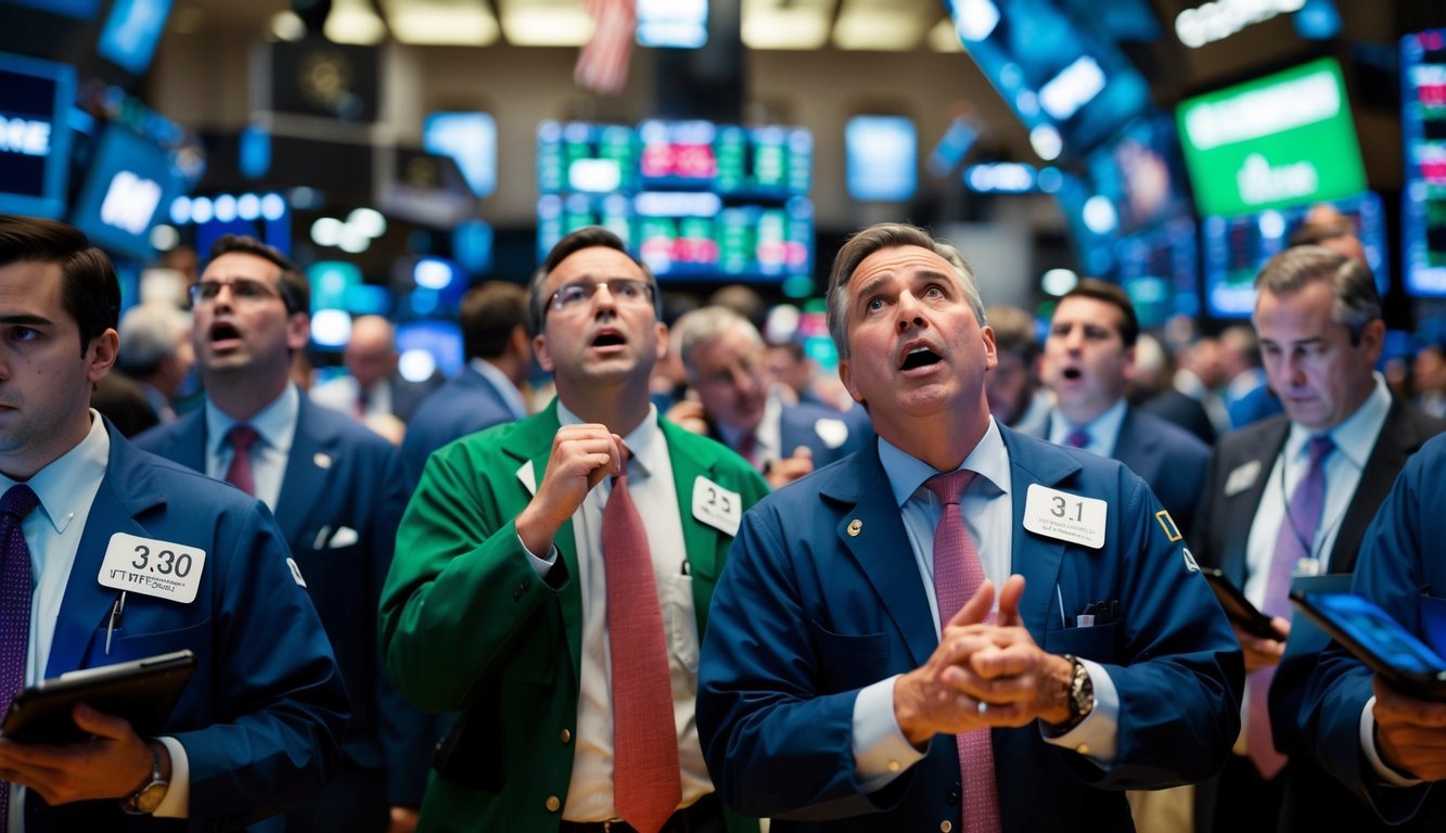 A crowded stock exchange floor with traders reacting emotionally to market fluctuations, displaying signs of behavioral biases