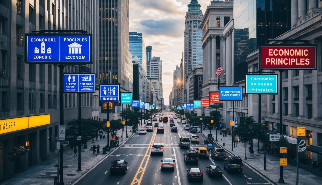 A bustling city street with various signs and symbols representing economic principles, surrounded by government buildings and public spaces