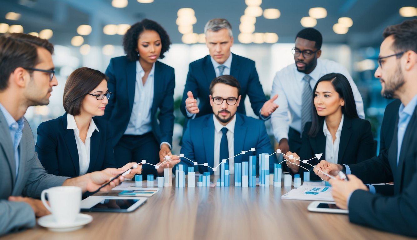 A group of diverse market participants making decisions influenced by behavioral biases, impacting the fluctuation of financial markets