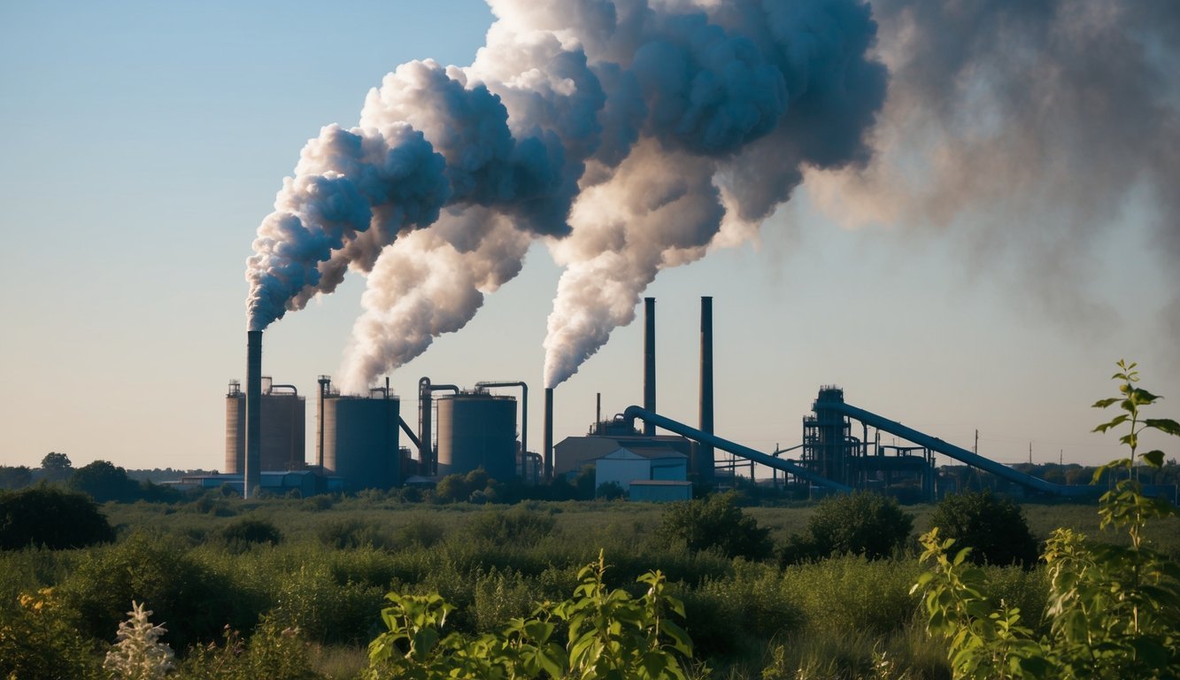 A factory emitting smoke and pollutants into the air, while nearby wildlife and plants are visibly affected by the environmental impact