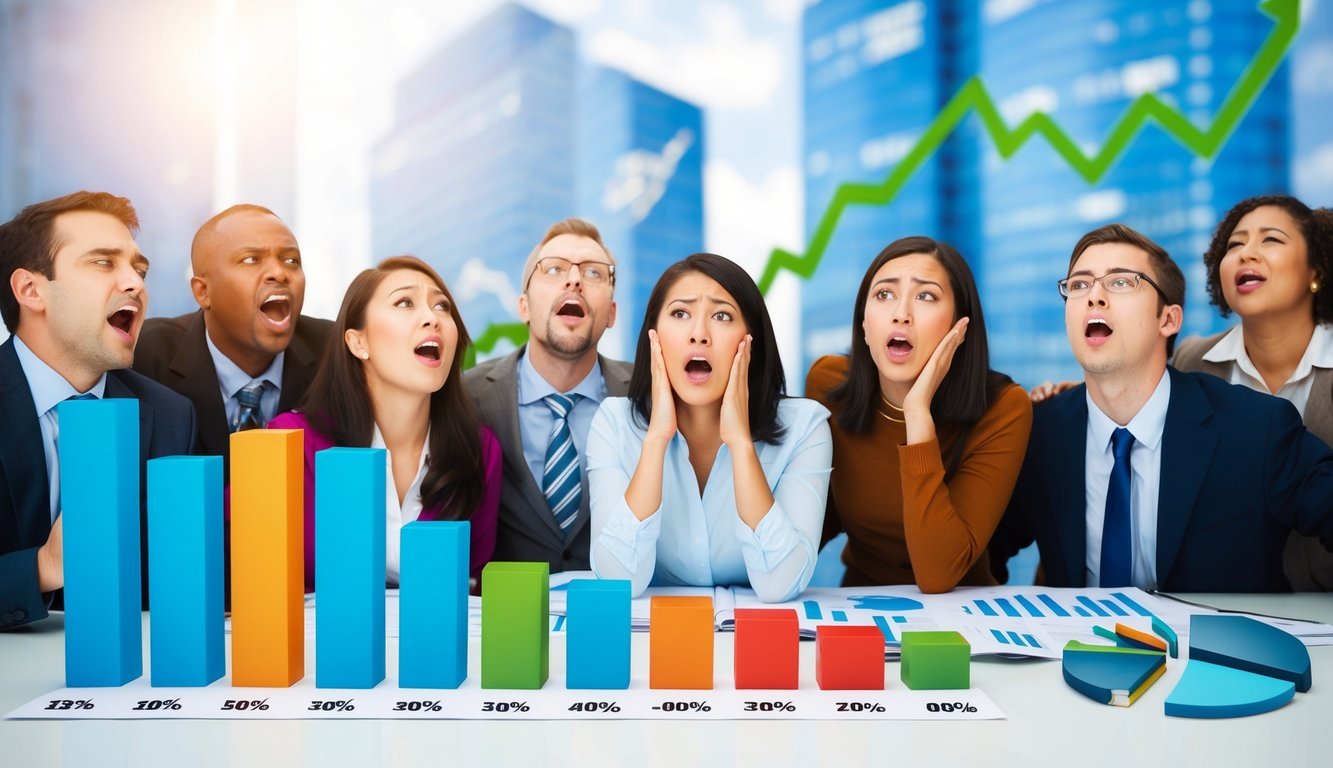 A diverse group of people reacting emotionally to fluctuating financial charts and graphs