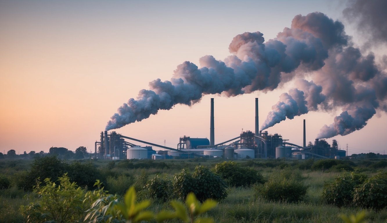 A factory emits smoke into the air, while nearby wildlife and plants suffer from pollution