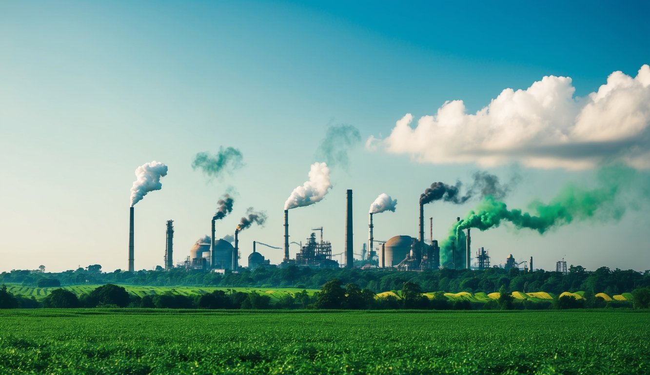 A lush green landscape with a clear blue sky, featuring various forms of pollution and waste impacting the environment