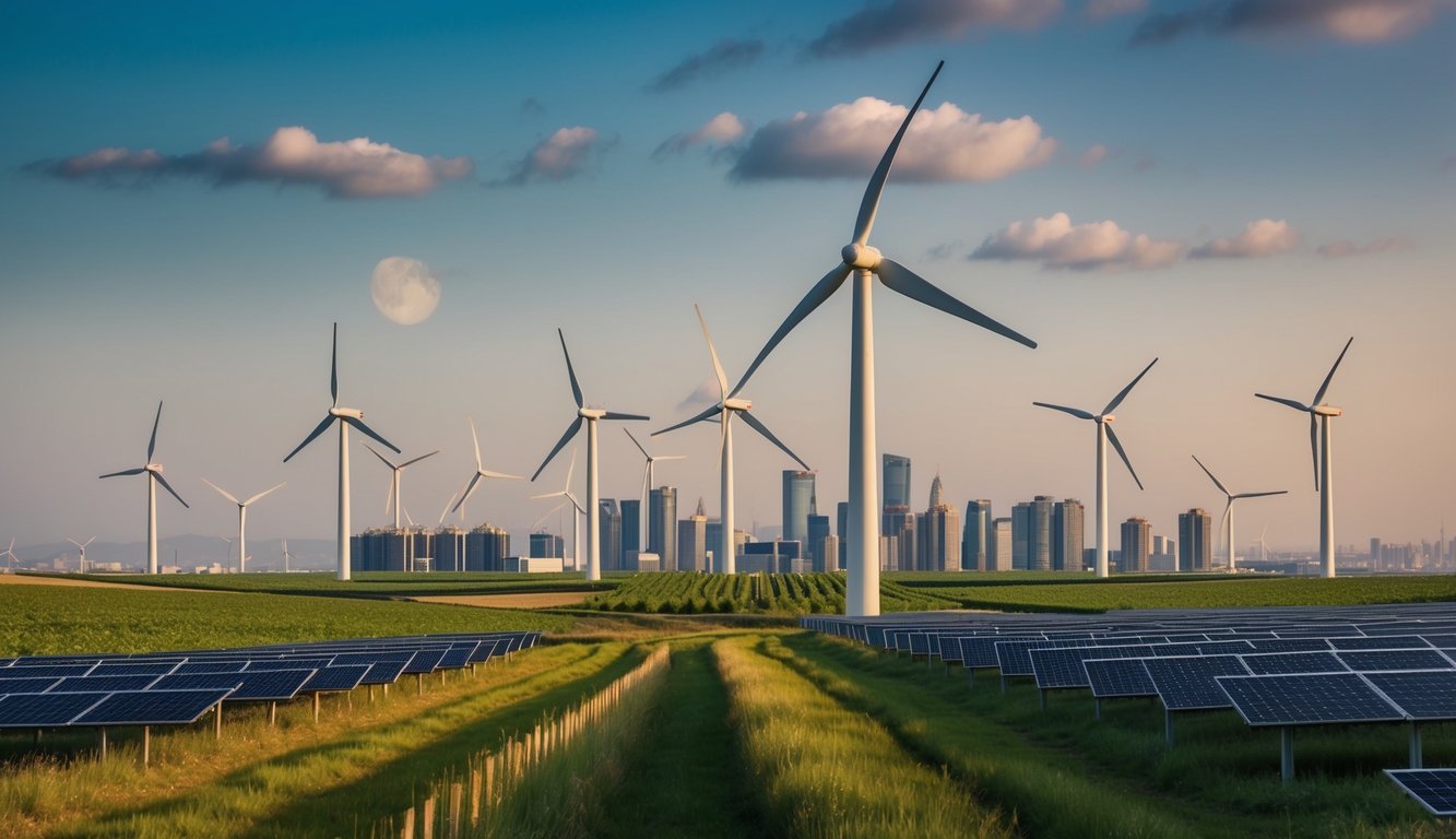 A wind turbine farm surrounded by fields of solar panels, with a city skyline in the background