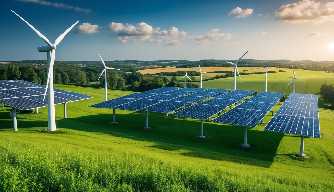 A lush green landscape with wind turbines and solar panels, surrounded by happy and healthy communities