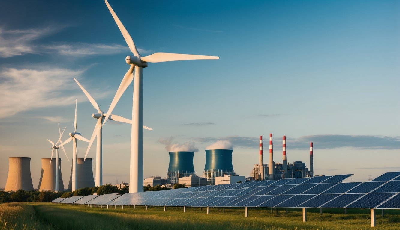 A bustling city skyline with wind turbines and solar panels alongside traditional power plants