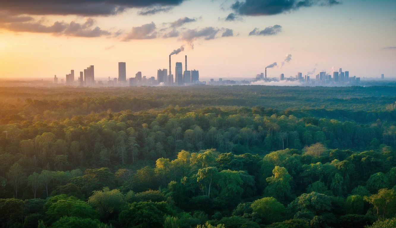 A lush forest being overtaken by pollution and deforestation