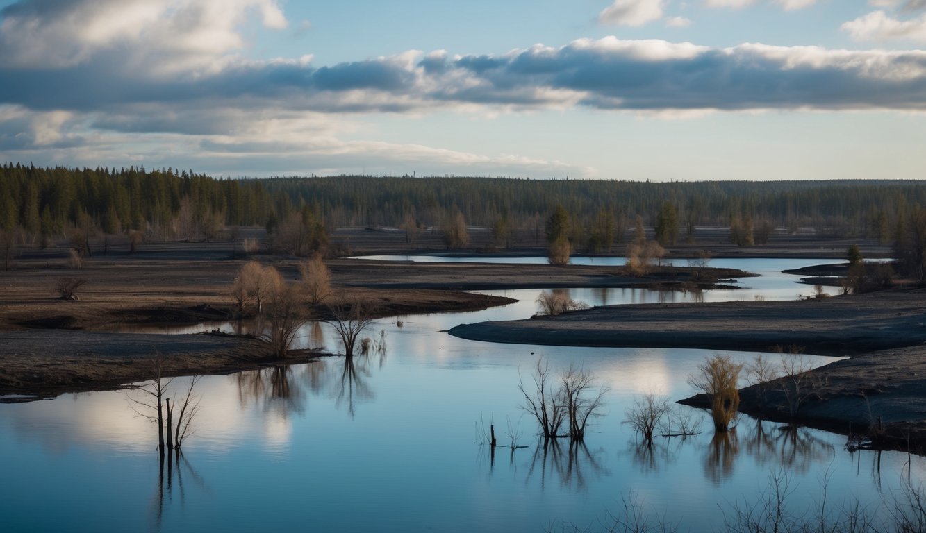 A barren landscape with polluted water, deforested land, and dying wildlife