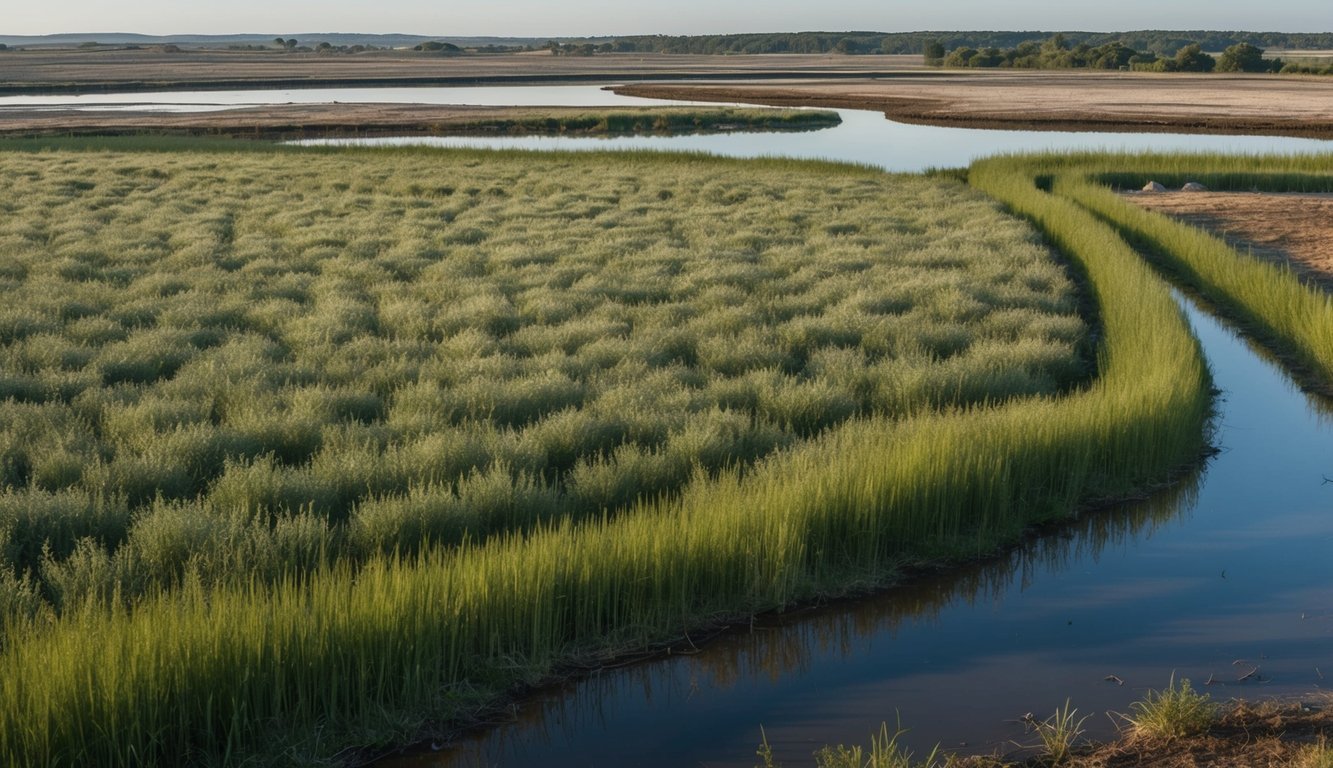 A crowded field of overgrazed grass, surrounded by barren land and polluted water, with a clear divide between well-managed and degraded areas