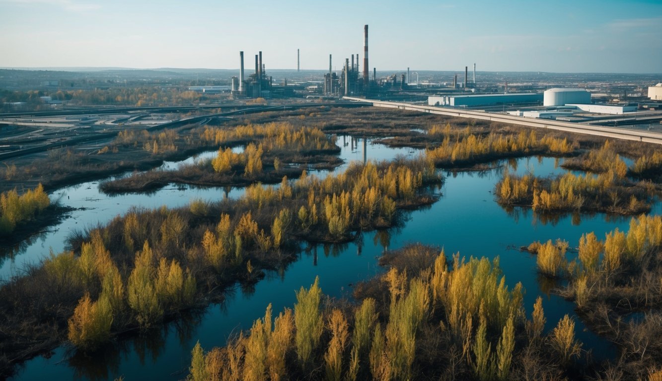 A polluted and overexploited landscape with dying vegetation and polluted water, surrounded by industrial infrastructure and urban development