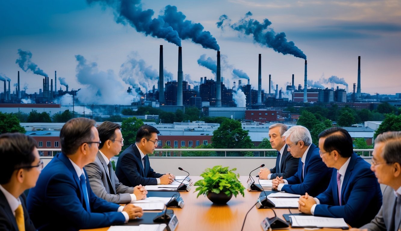 A bustling city with factories emitting pollution, while government officials discuss environmental policies in a conference room