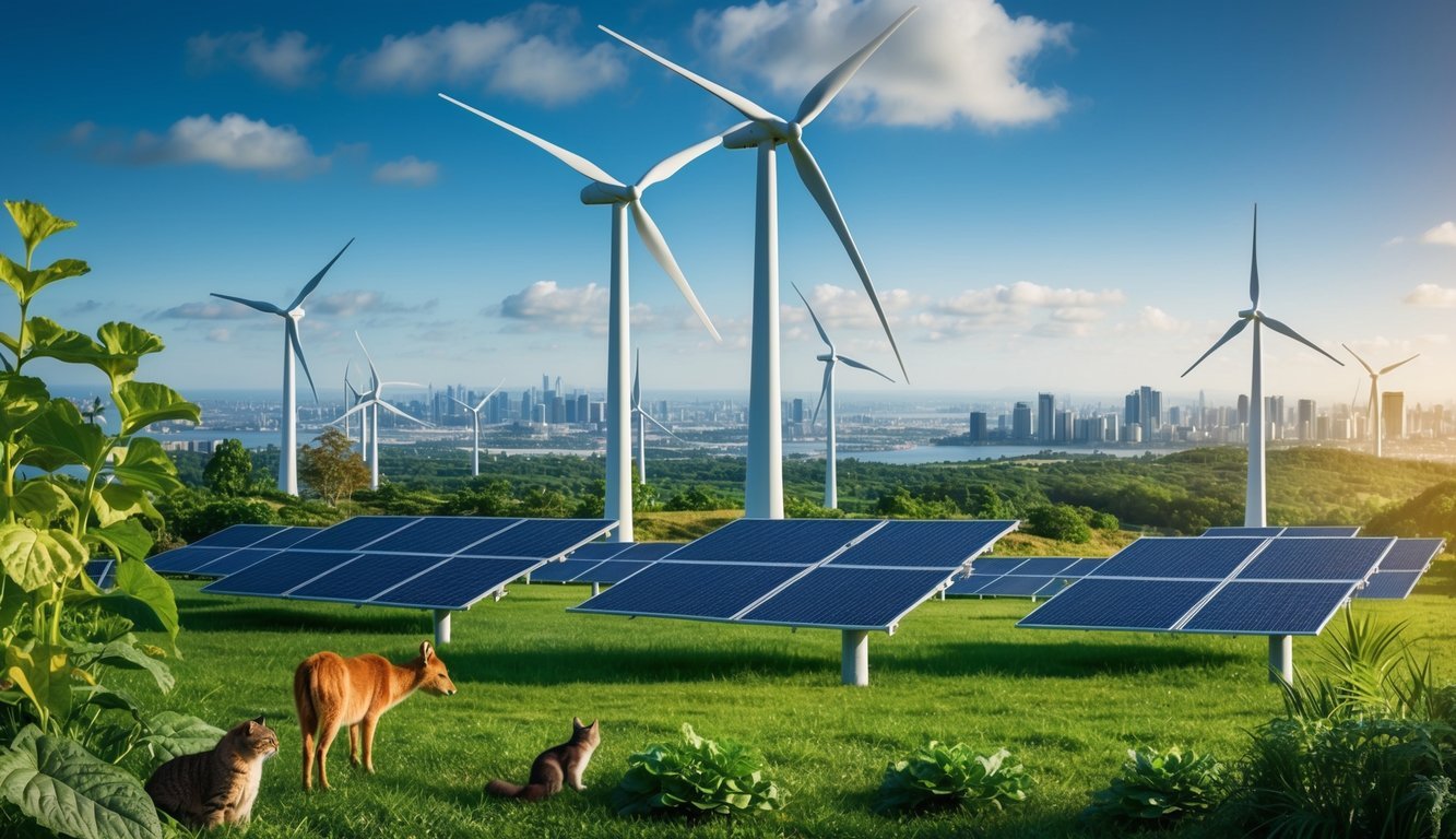 A lush green landscape with wind turbines and solar panels, surrounded by thriving plant and animal life, while a bustling city in the distance shows signs of sustainable economic growth