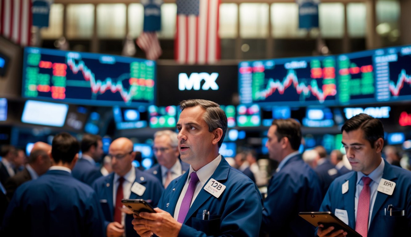 A bustling stock market floor with traders, ticker screens, and financial charts