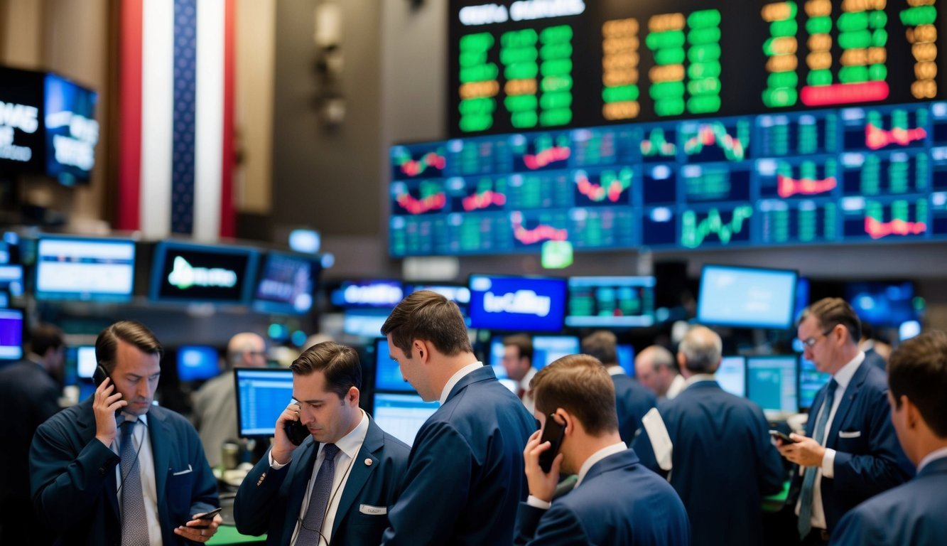 A bustling trading floor with brokers on phones, screens displaying stock and bond prices, and a large board showing market indices