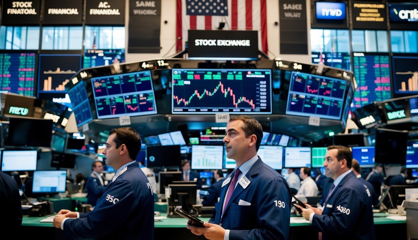 A bustling stock exchange floor with traders, ticker screens, and a backdrop of financial charts and graphs