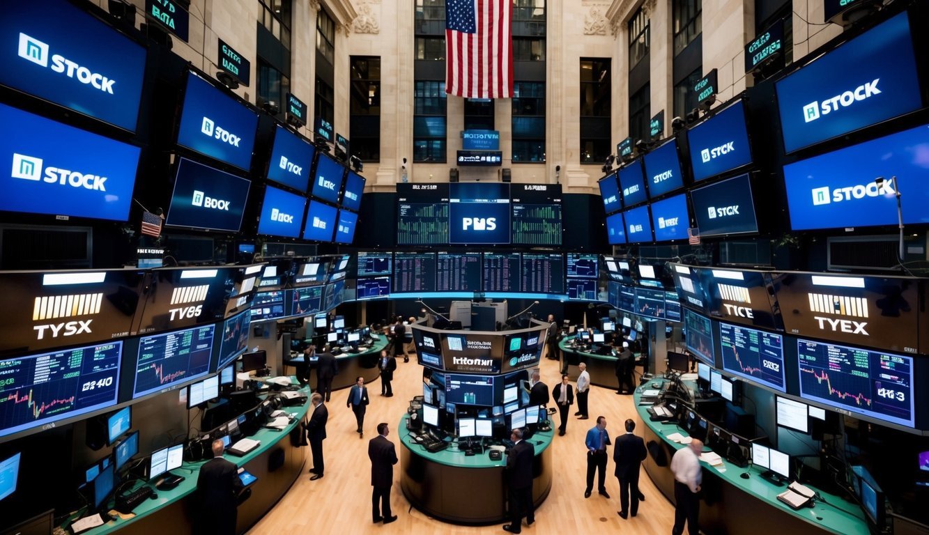 A bustling stock exchange floor with traders, screens, and ticker boards, surrounded by towering skyscrapers