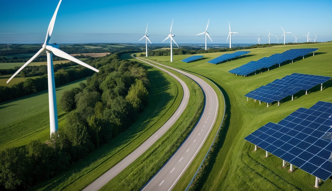 A winding road leads through a lush, green landscape, with wind turbines and solar panels dotting the horizon.</p><p>A clear blue sky and clean air indicate progress towards sustainable development goals