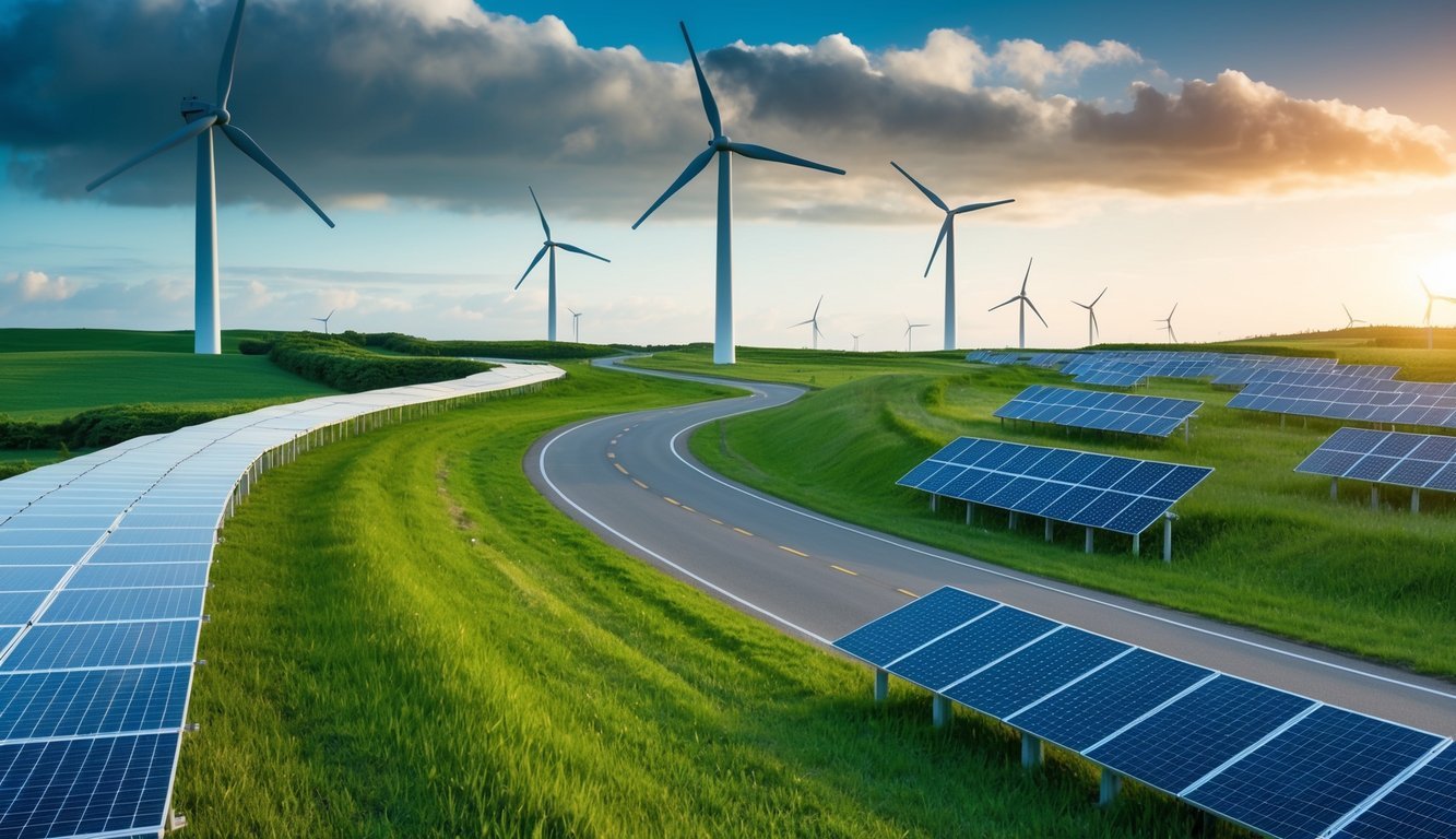 A winding road through a lush, green landscape with wind turbines and solar panels, symbolizing progress towards sustainable development goals