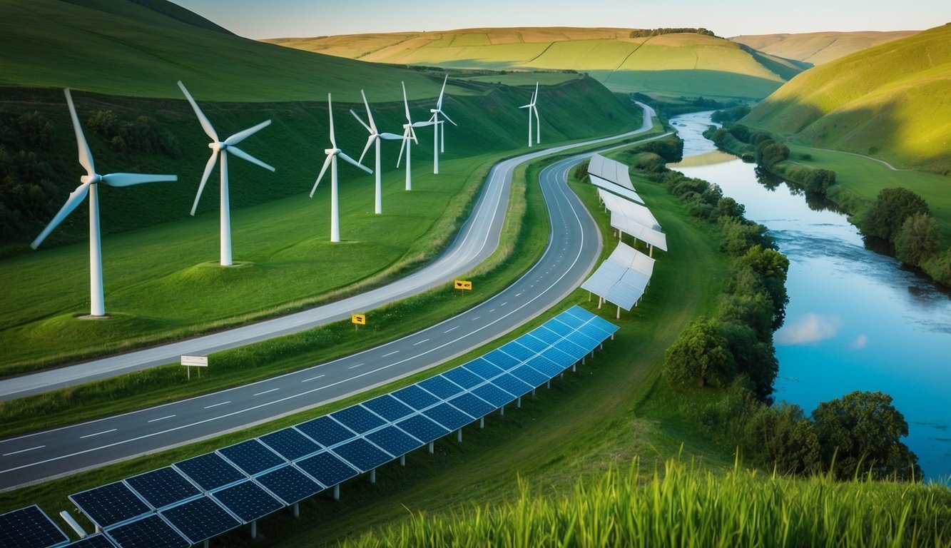 A winding road leads through lush green hills, wind turbines and solar panels dot the landscape, while a river flows alongside, symbolizing progress towards sustainable development goals