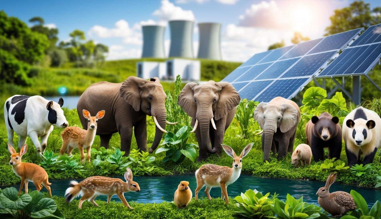 A diverse group of animals and plants coexisting in a lush, thriving ecosystem, surrounded by clean air and water, with renewable energy sources in the background