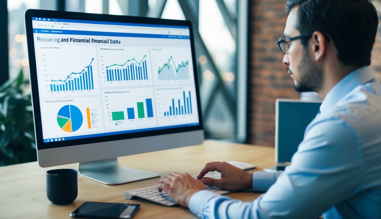 A person researching and analyzing financial data, with charts and graphs displayed on a computer screen, while considering different investment strategies and risk levels