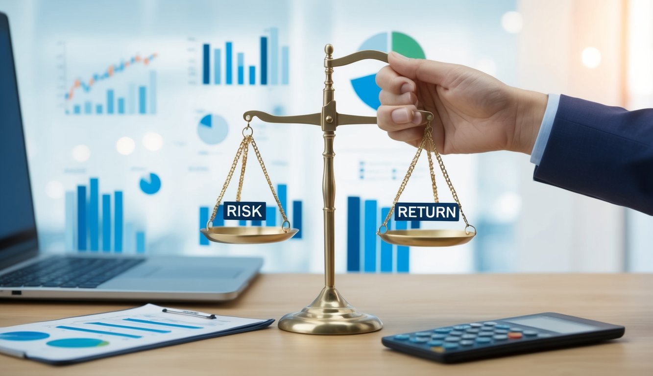 A person's hand holding a scale, with one side labeled "risk" and the other labeled "return." Various financial charts and graphs in the background