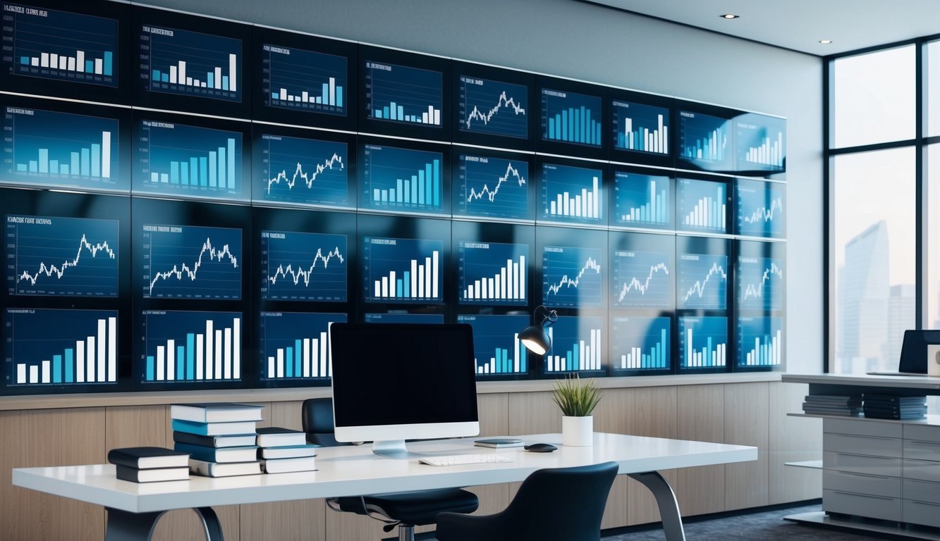 A sleek, modern office with a wall of financial charts, a desk with a computer, and a shelf of investment books