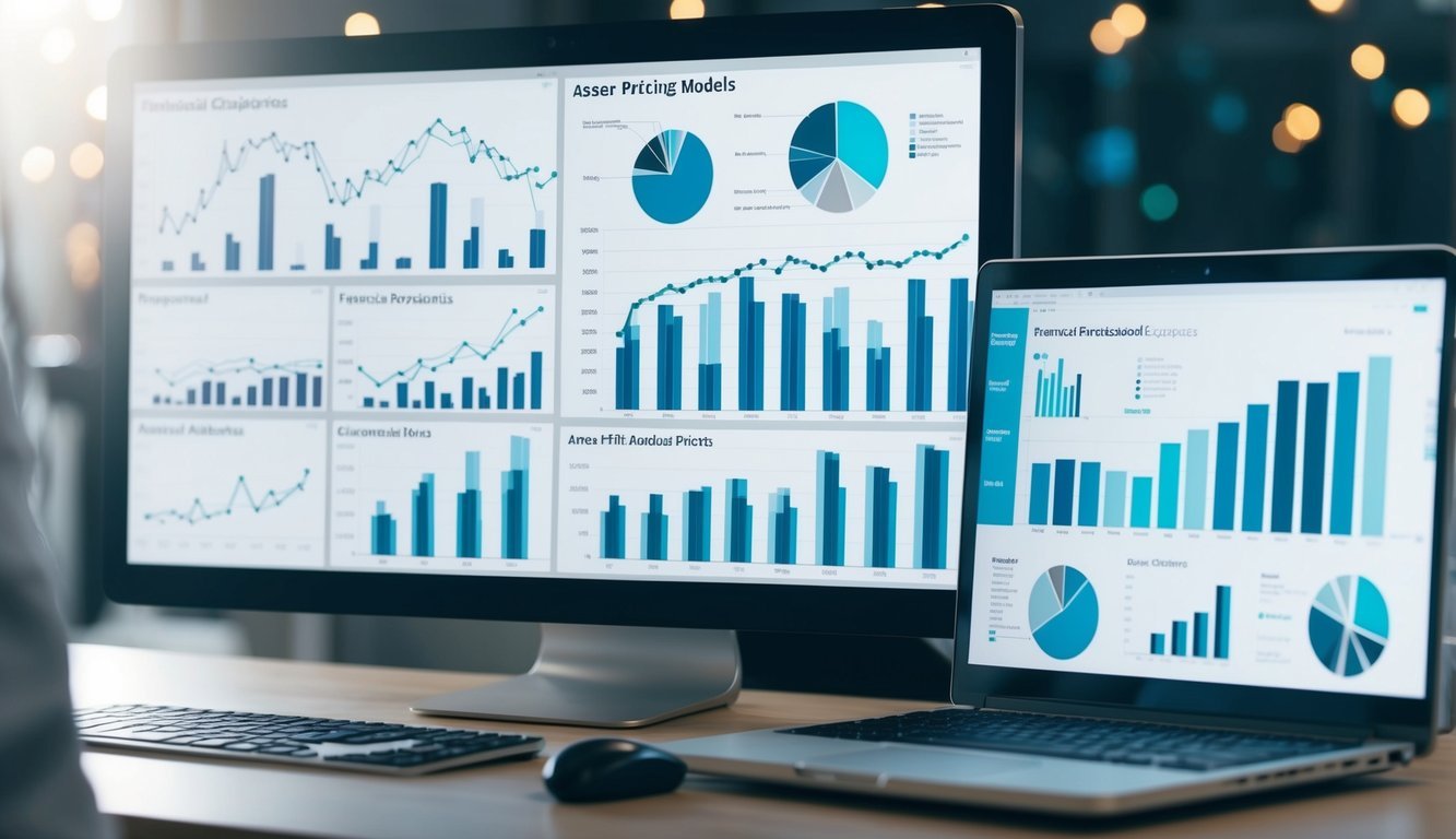 A group of financial charts and graphs displayed on a computer screen, with various data points and lines representing different asset pricing models